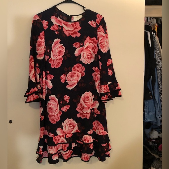 KATE SPADE LONG SLEEVE RUFFLE ROSE DRESS. - Picture 3 of 10